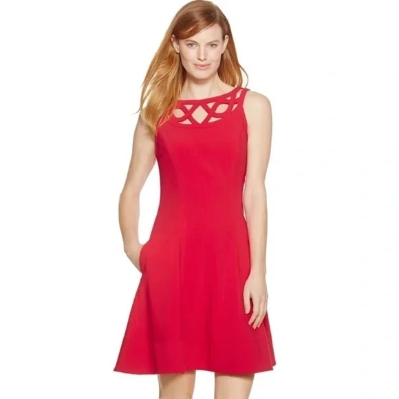 White House Black Market Red Fit & Flare Party Dress 4 Small - Picture 1 of 12